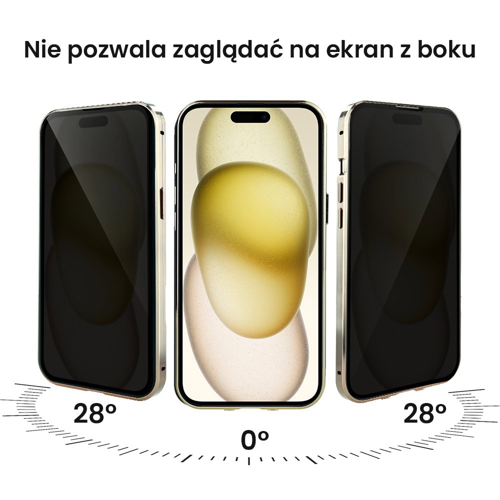 Obudowa do iPhone 15, podwójna szyba i aluminium 360° przód + tył magnetyczna, z osłoną aparatu i szkłem prywatyzującym, złota