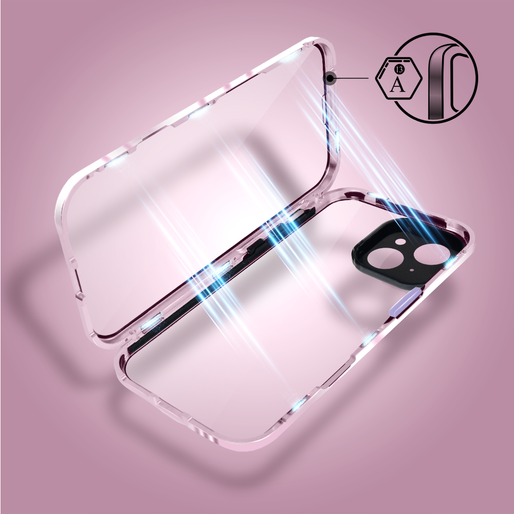 Obudowa do iPhone 15 podwójna szyba i aluminium 360° przód + tył magnetyczna, z osłoną aparatu, różowa