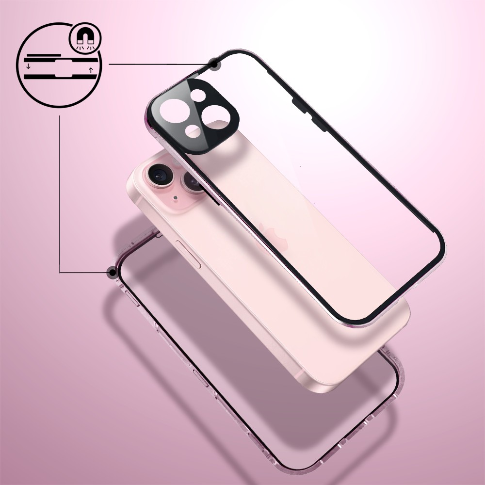 Obudowa do iPhone 15 podwójna szyba i aluminium 360° przód + tył magnetyczna, z osłoną aparatu, różowa