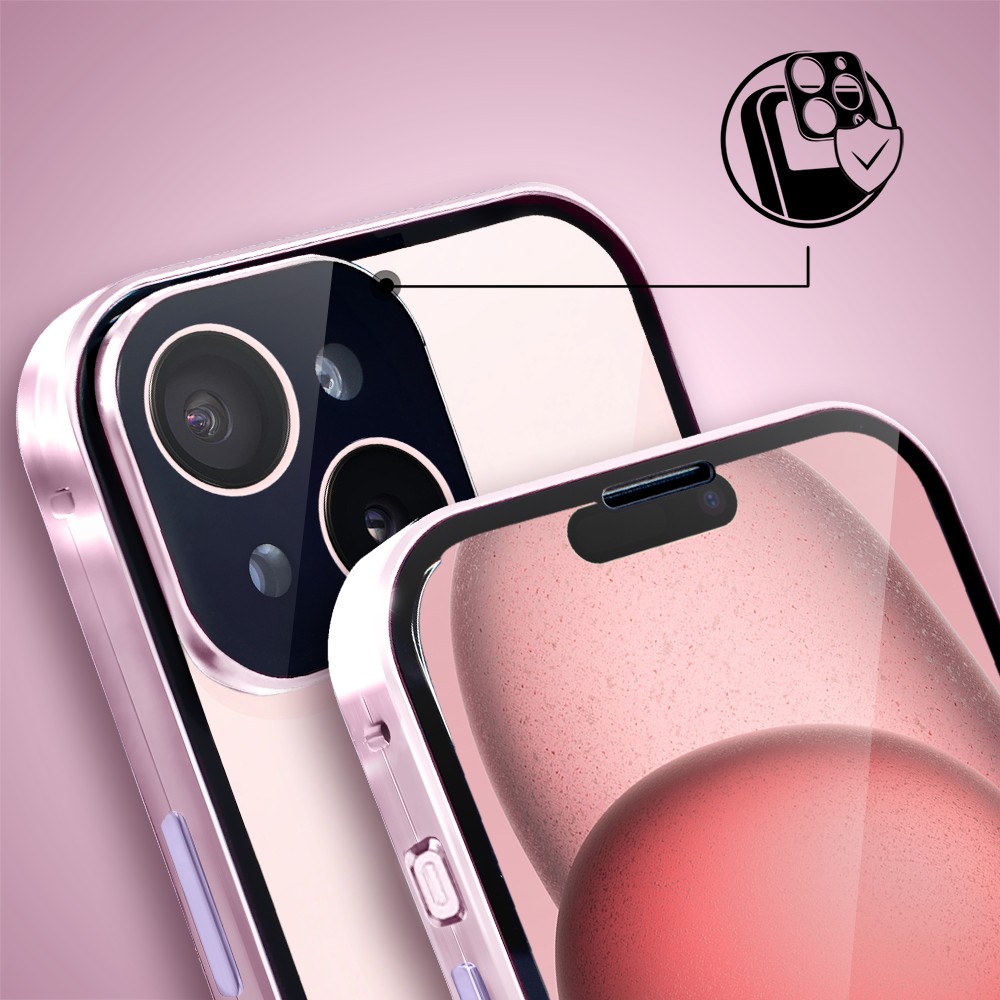 Obudowa do iPhone 15 podwójna szyba i aluminium 360° przód + tył magnetyczna, z osłoną aparatu, różowa