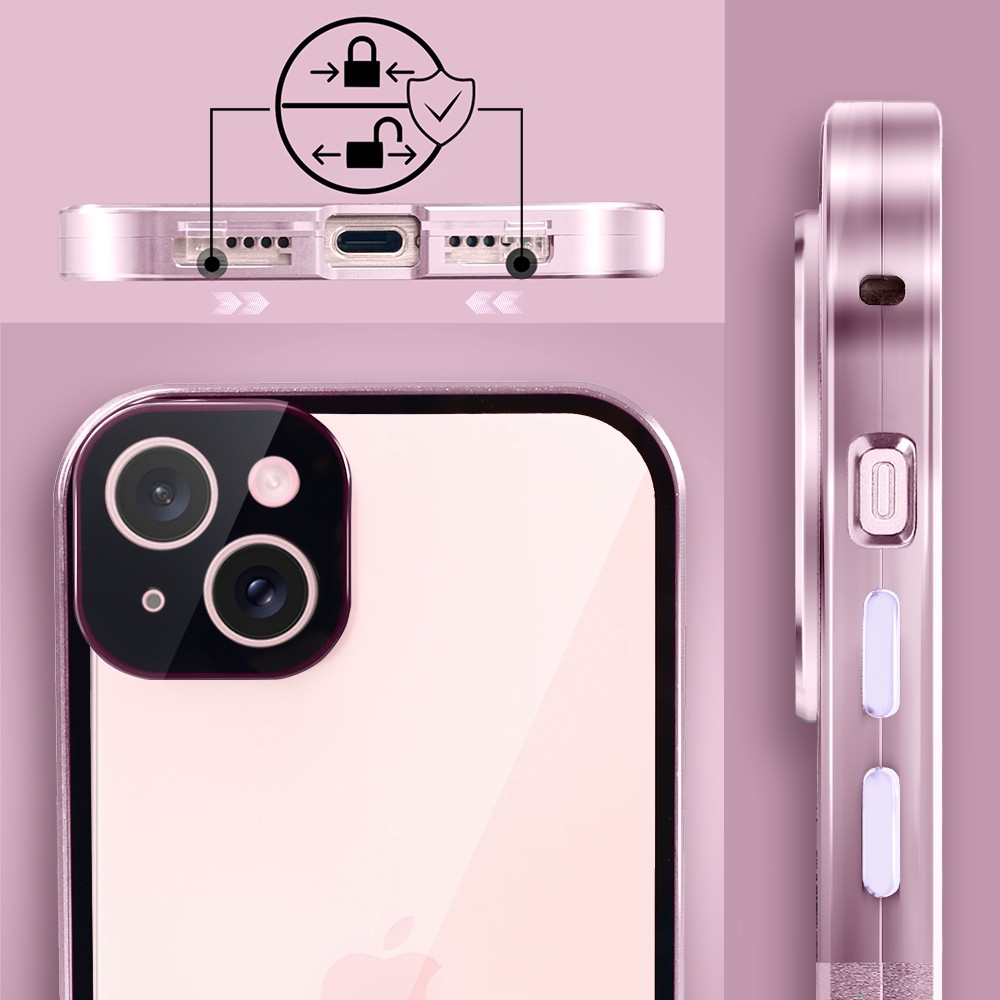 Obudowa do iPhone 15 podwójna szyba i aluminium 360° przód + tył magnetyczna, z osłoną aparatu, różowa