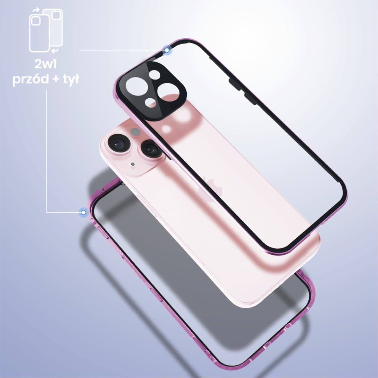 Obudowa do iPhone 15 podwójna szyba i aluminium 360° przód + tył magnetyczna, z osłoną aparatu, fioletowa