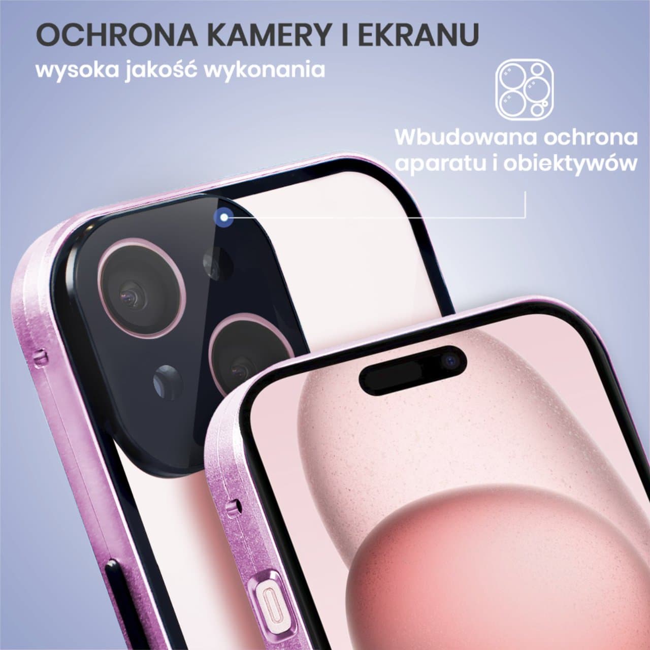 Obudowa do iPhone 15 podwójna szyba i aluminium 360° przód + tył magnetyczna, z osłoną aparatu, fioletowa