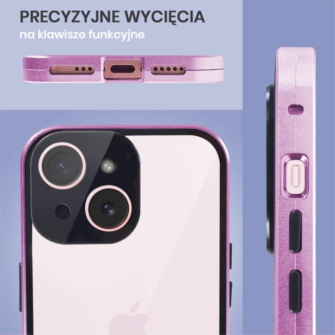 Obudowa do iPhone 15 podwójna szyba i aluminium 360° przód + tył magnetyczna, z osłoną aparatu, fioletowa