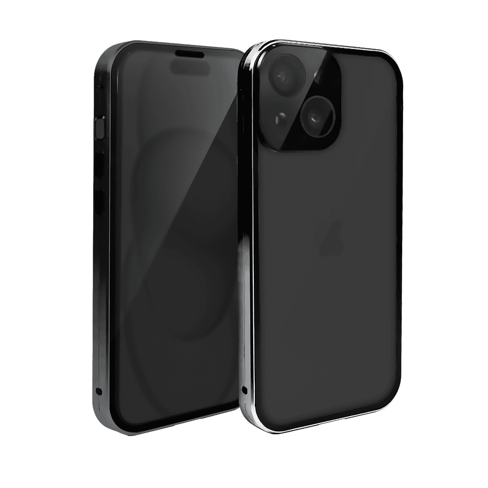 Obudowa do iPhone 15, podwójna szyba i aluminium 360° przód + tył magnetyczna, z osłoną aparatu i szkłem prywatyzującym, czarna
