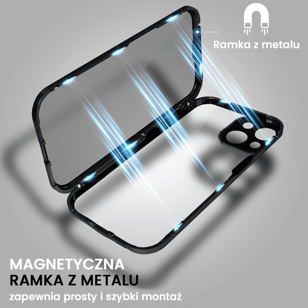 Obudowa do iPhone 15, podwójna szyba i aluminium 360° przód + tył magnetyczna, z osłoną aparatu i szkłem prywatyzującym, czarna