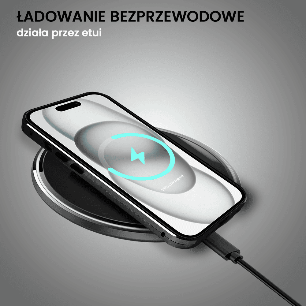 Obudowa do iPhone 15, podwójna szyba i aluminium 360° przód + tył magnetyczna, z osłoną aparatu i szkłem prywatyzującym, czarna