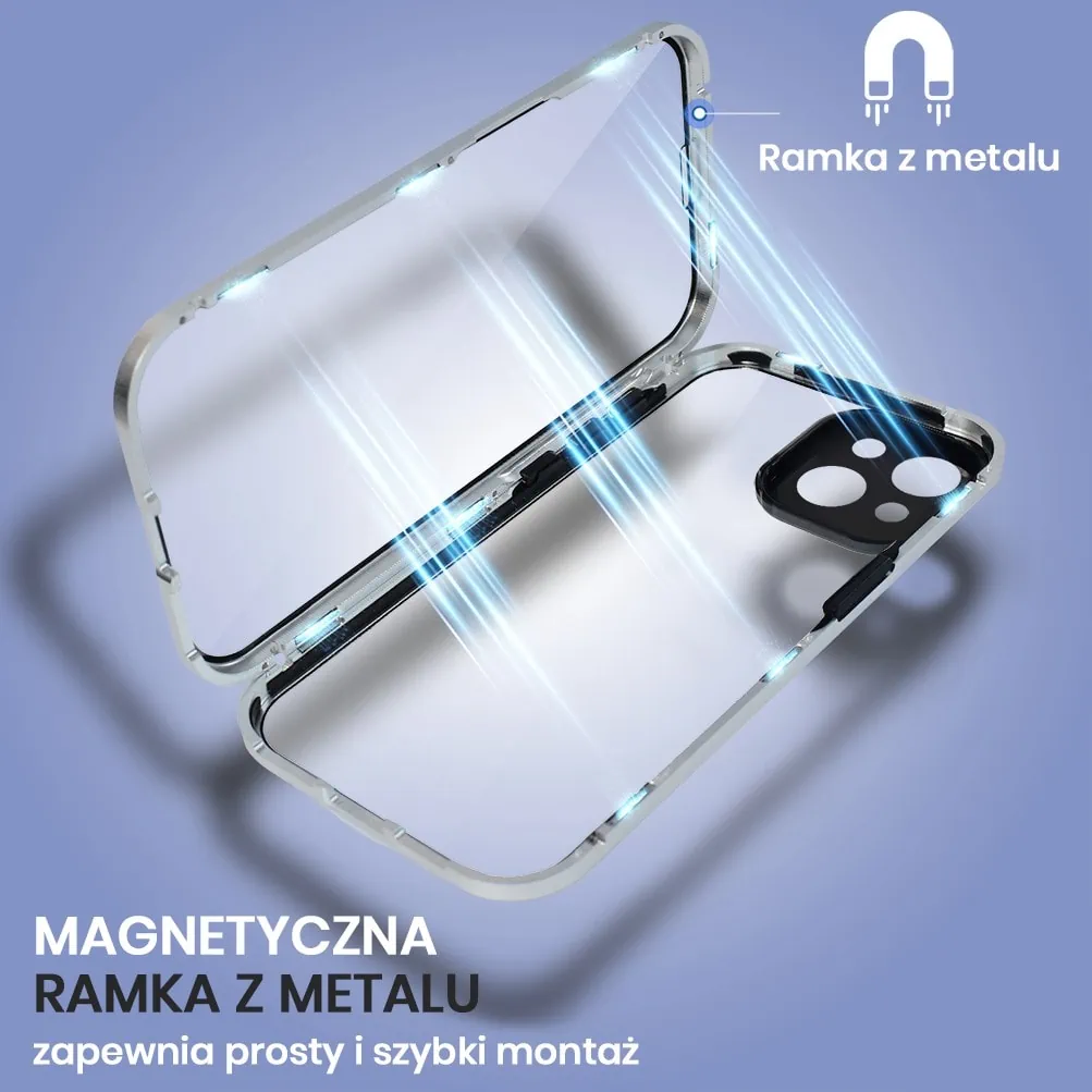 Obudowa do iPhone 15 podwójna szyba i aluminium 360° przód + tył magnetyczna, z osłoną aparatu, srebrna