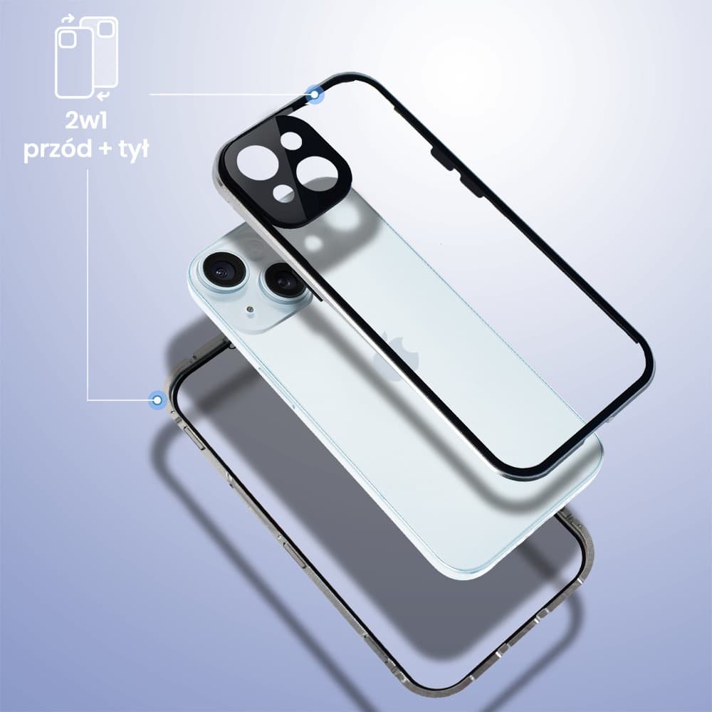 Obudowa do iPhone 15 podwójna szyba i aluminium 360° przód + tył magnetyczna, z osłoną aparatu, srebrna