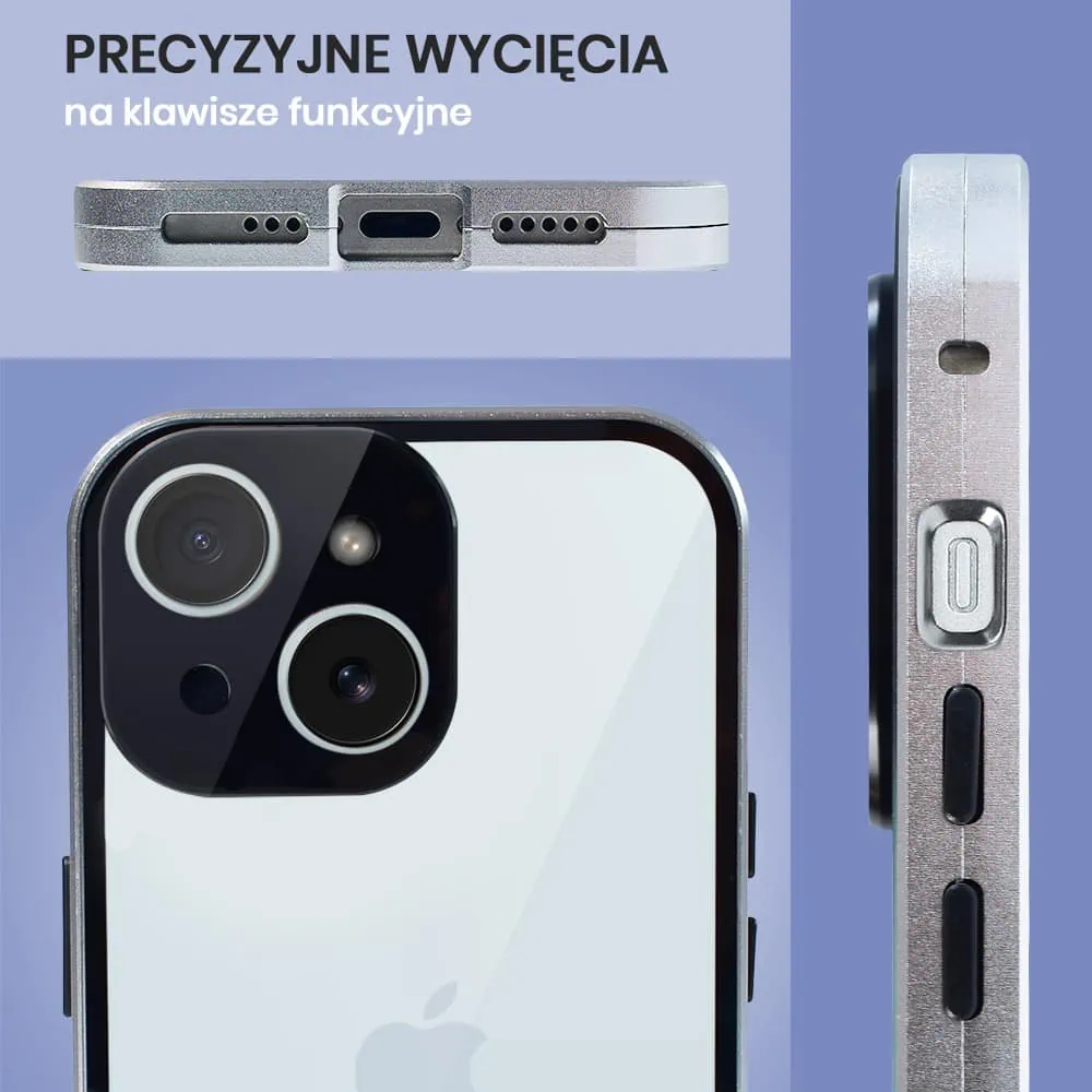 Obudowa do iPhone 15 podwójna szyba i aluminium 360° przód + tył magnetyczna, z osłoną aparatu, srebrna