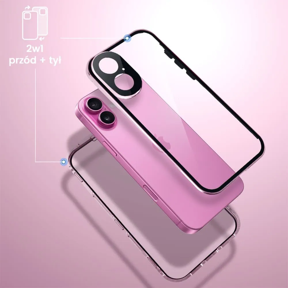 Obudowa do iPhone 16 Plus podwójna szyba i polerowane aluminium 360° magnetyczna, z osłoną aparatu, różowa