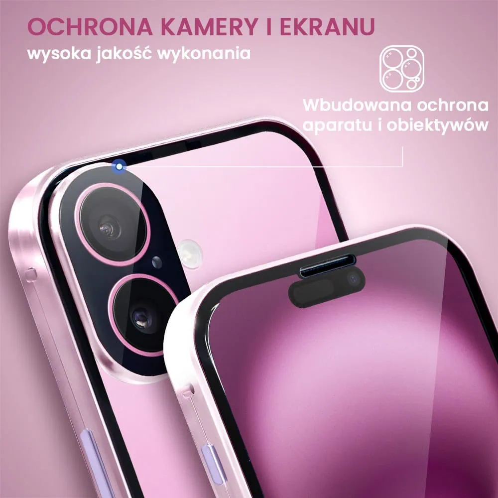 Obudowa do iPhone 16 Plus podwójna szyba i polerowane aluminium 360° magnetyczna, z osłoną aparatu, różowa