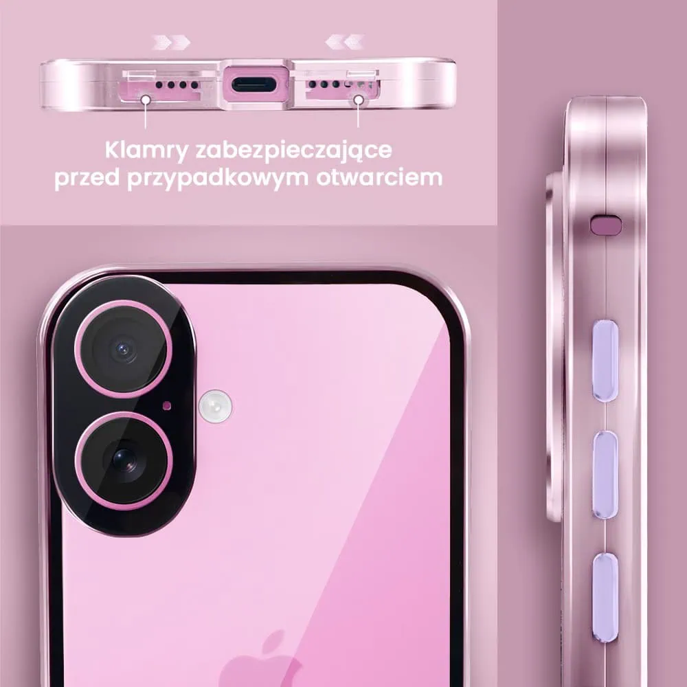 Obudowa do iPhone 16 Plus podwójna szyba i polerowane aluminium 360° magnetyczna, z osłoną aparatu, różowa