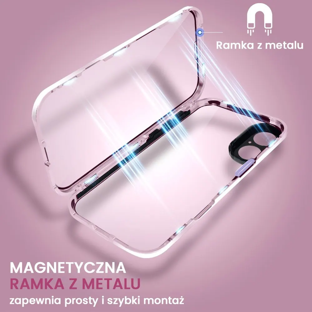 Obudowa do iPhone 16 Plus podwójna szyba i polerowane aluminium 360° magnetyczna, z osłoną aparatu, różowa