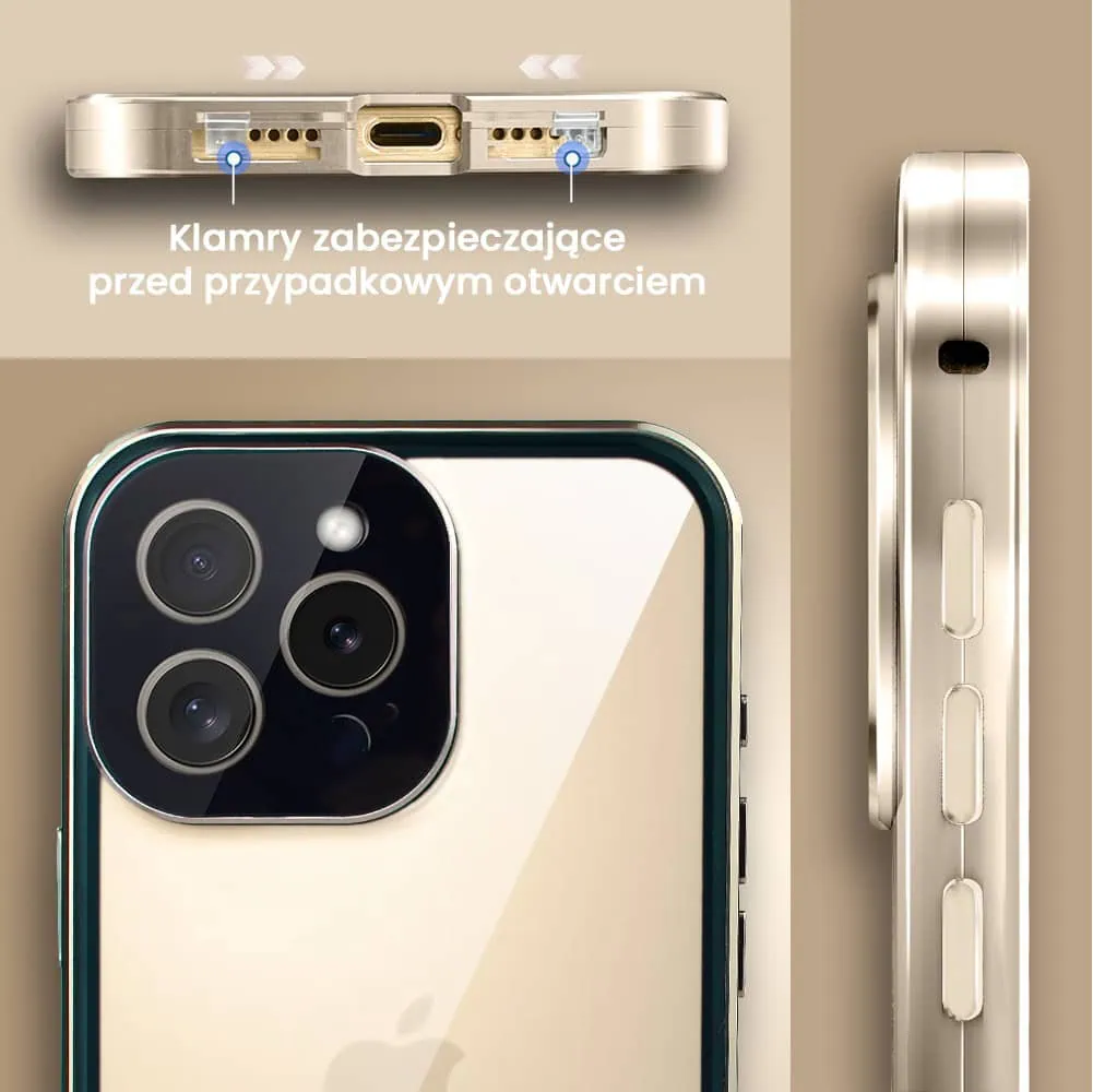 Obudowa do iPhone 16 Pro, podwójna szyba i aluminium 360° przód + tył magnetyczna, z osłoną aparatu i szkłem prywatyzującym, złota