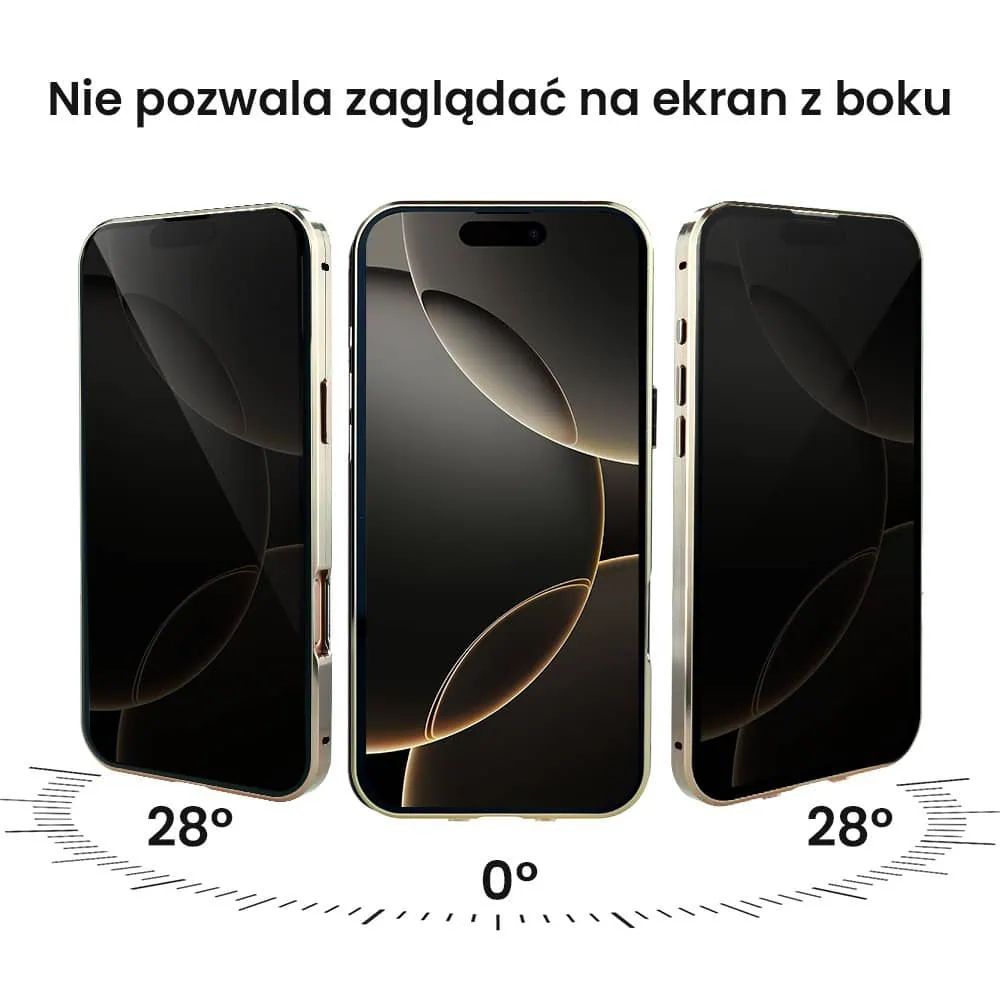 Obudowa do iPhone 16 Pro, podwójna szyba i aluminium 360° przód + tył magnetyczna, z osłoną aparatu i szkłem prywatyzującym, złota