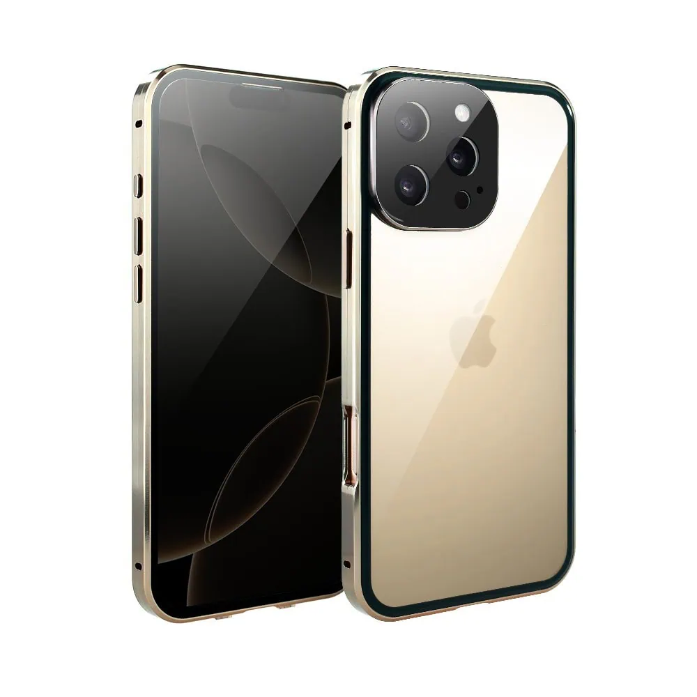 Obudowa do iPhone 16 Pro, podwójna szyba i aluminium 360° przód + tył magnetyczna, z osłoną aparatu i szkłem prywatyzującym, złota