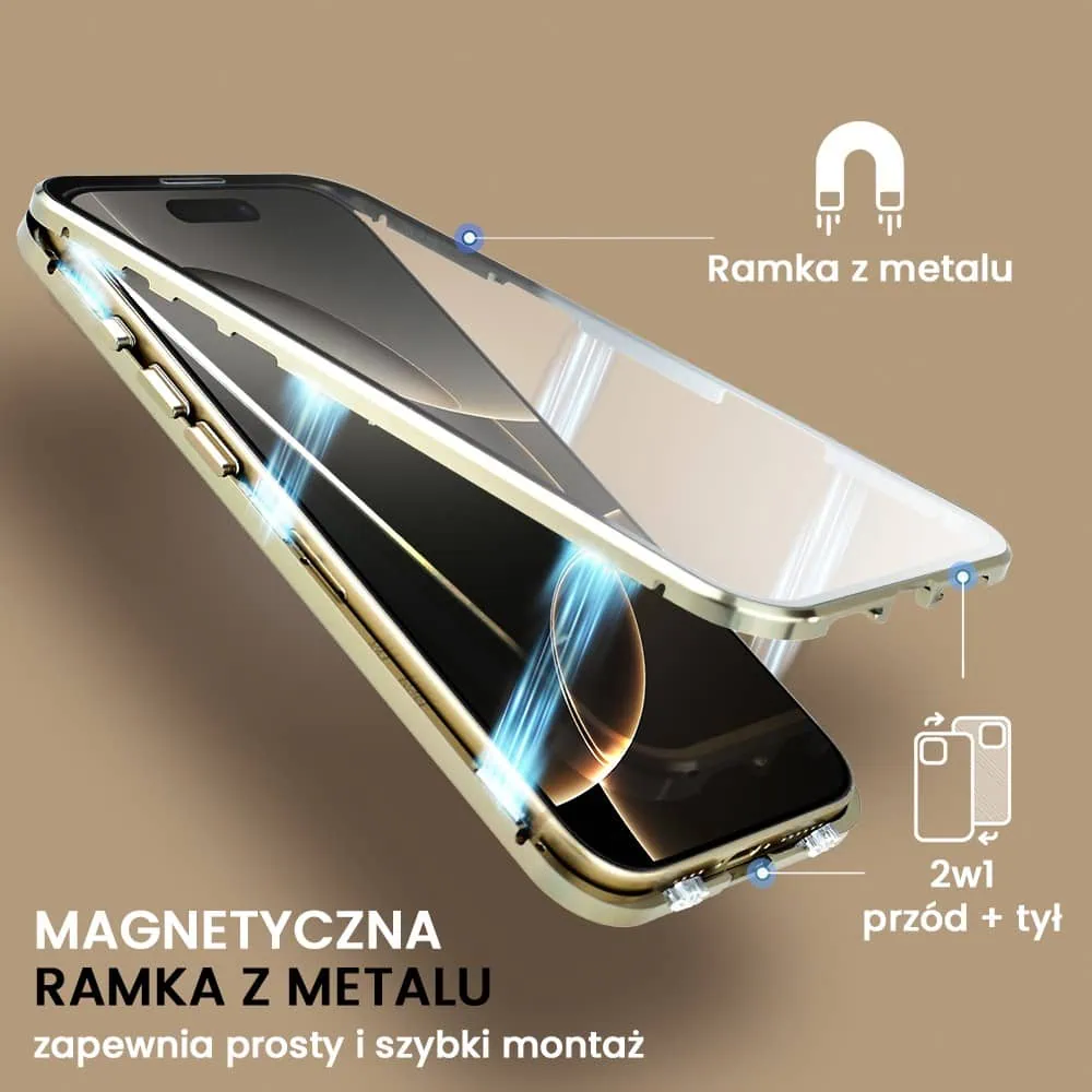 Obudowa do iPhone 16 Pro, podwójna szyba i aluminium 360° przód + tył magnetyczna, z osłoną aparatu i szkłem prywatyzującym, złota
