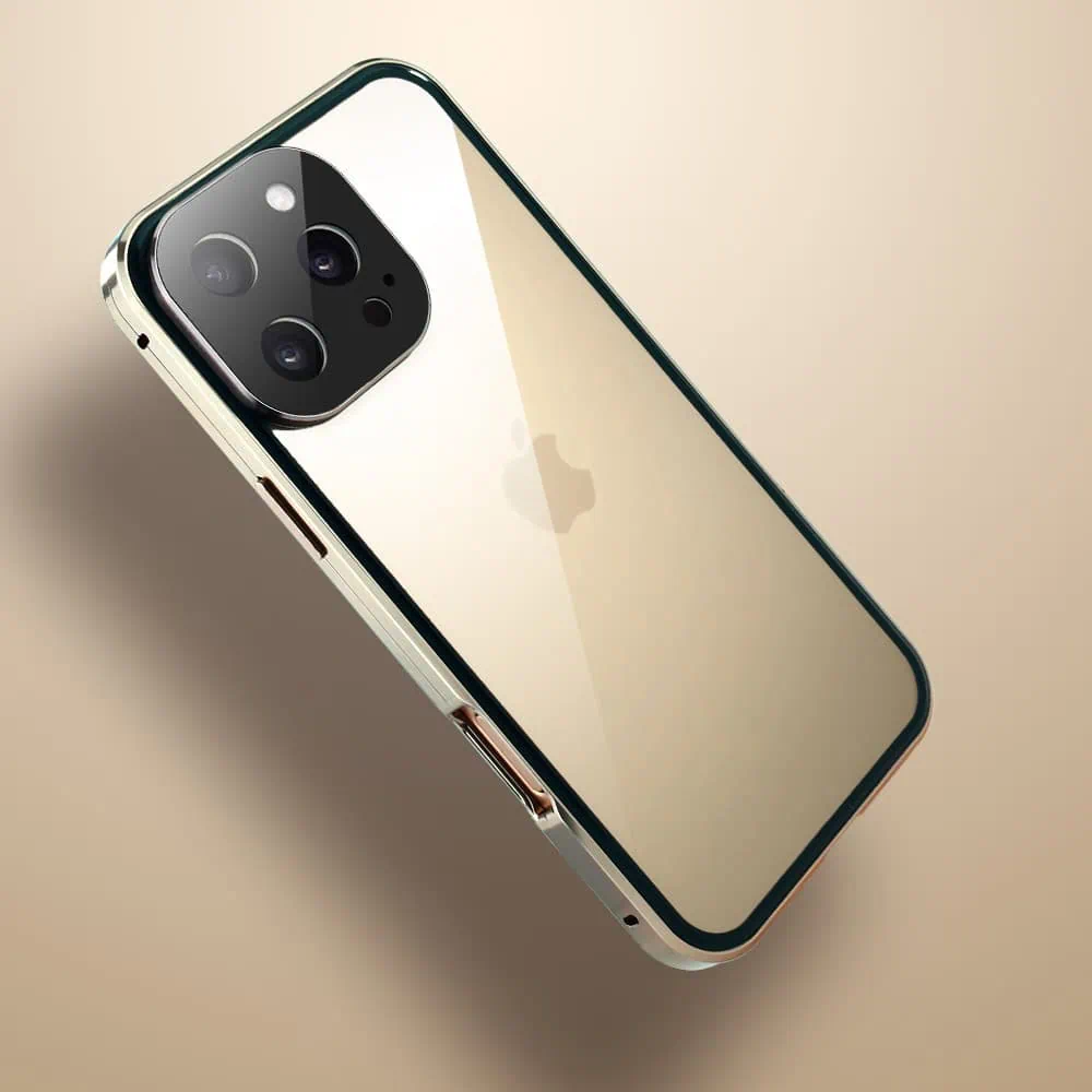 Obudowa do iPhone 16 Pro, podwójna szyba i aluminium 360° przód + tył magnetyczna, z osłoną aparatu i szkłem prywatyzującym, złota