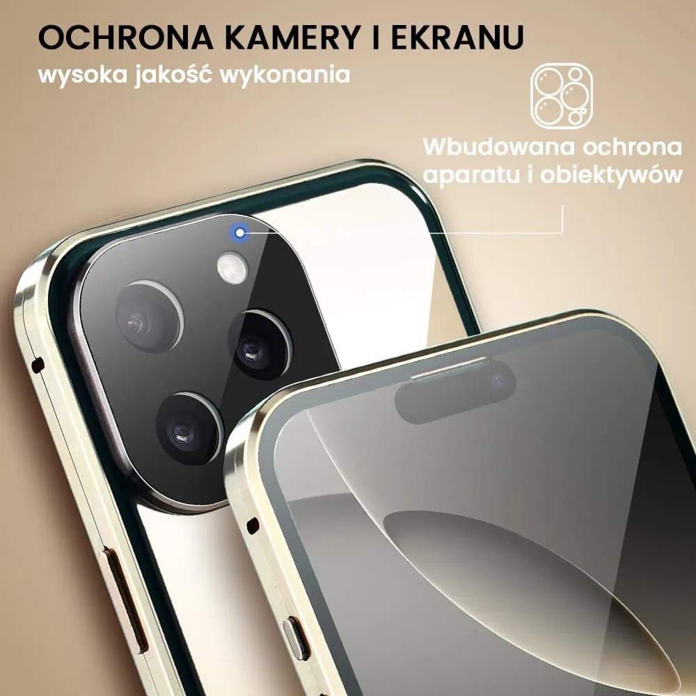 Obudowa do iPhone 16 Pro, podwójna szyba i aluminium 360° przód + tył magnetyczna, z osłoną aparatu i szkłem prywatyzującym, złota
