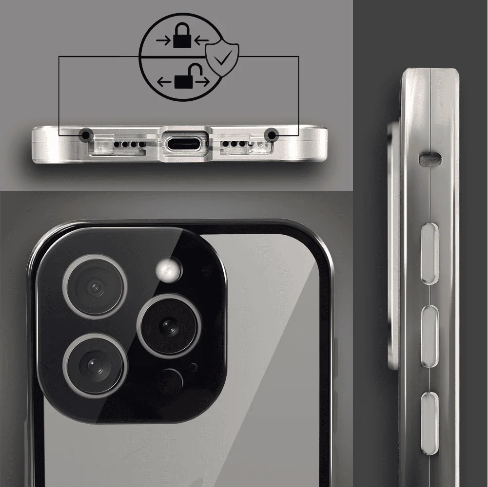 Obudowa do iPhone 16 Pro podwójna szyba i polerowane aluminium 360° magnetyczna, z osłoną aparatu, tytanowa