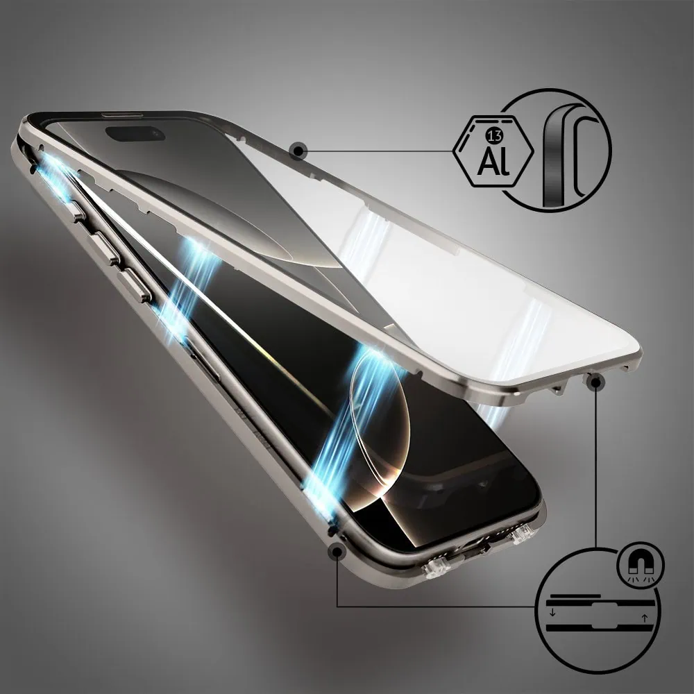 Obudowa do iPhone 16 Pro podwójna szyba i polerowane aluminium 360° magnetyczna, z osłoną aparatu, tytanowa