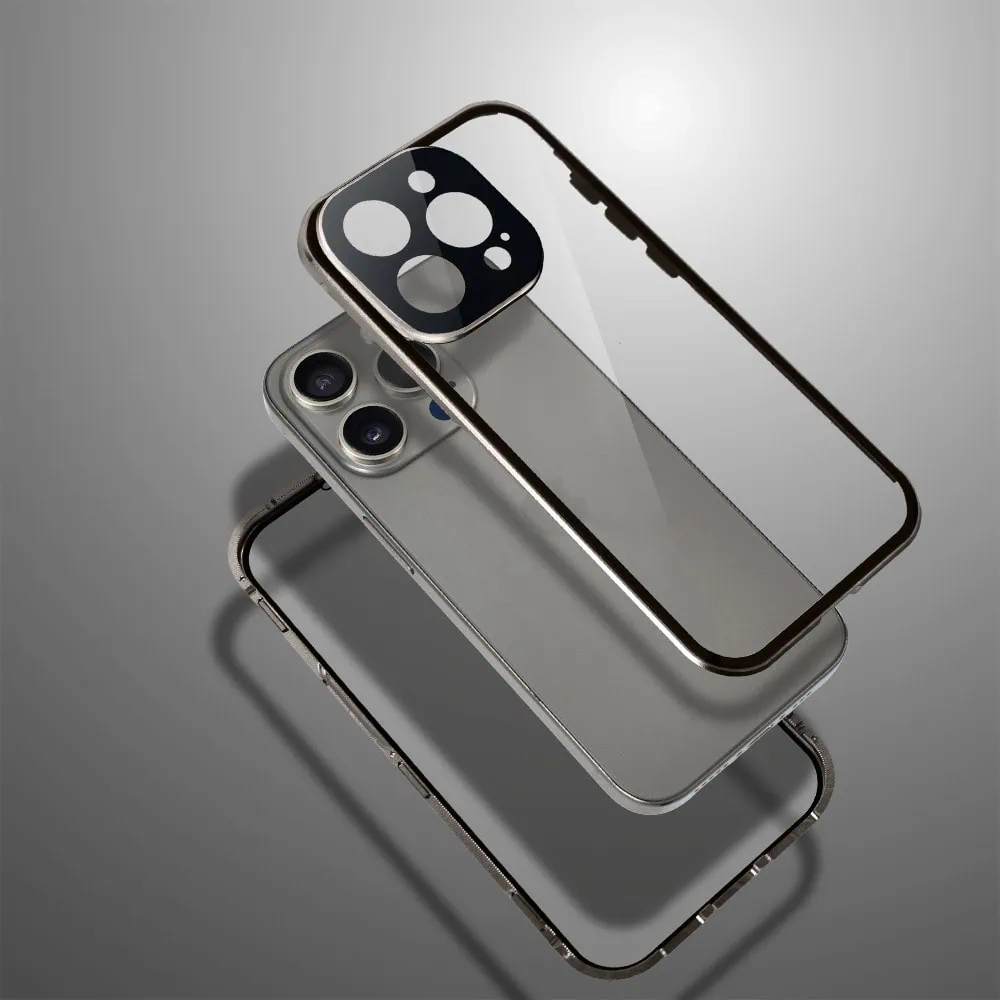 Obudowa do iPhone 16 Pro podwójna szyba i polerowane aluminium 360° magnetyczna, z osłoną aparatu, tytanowa