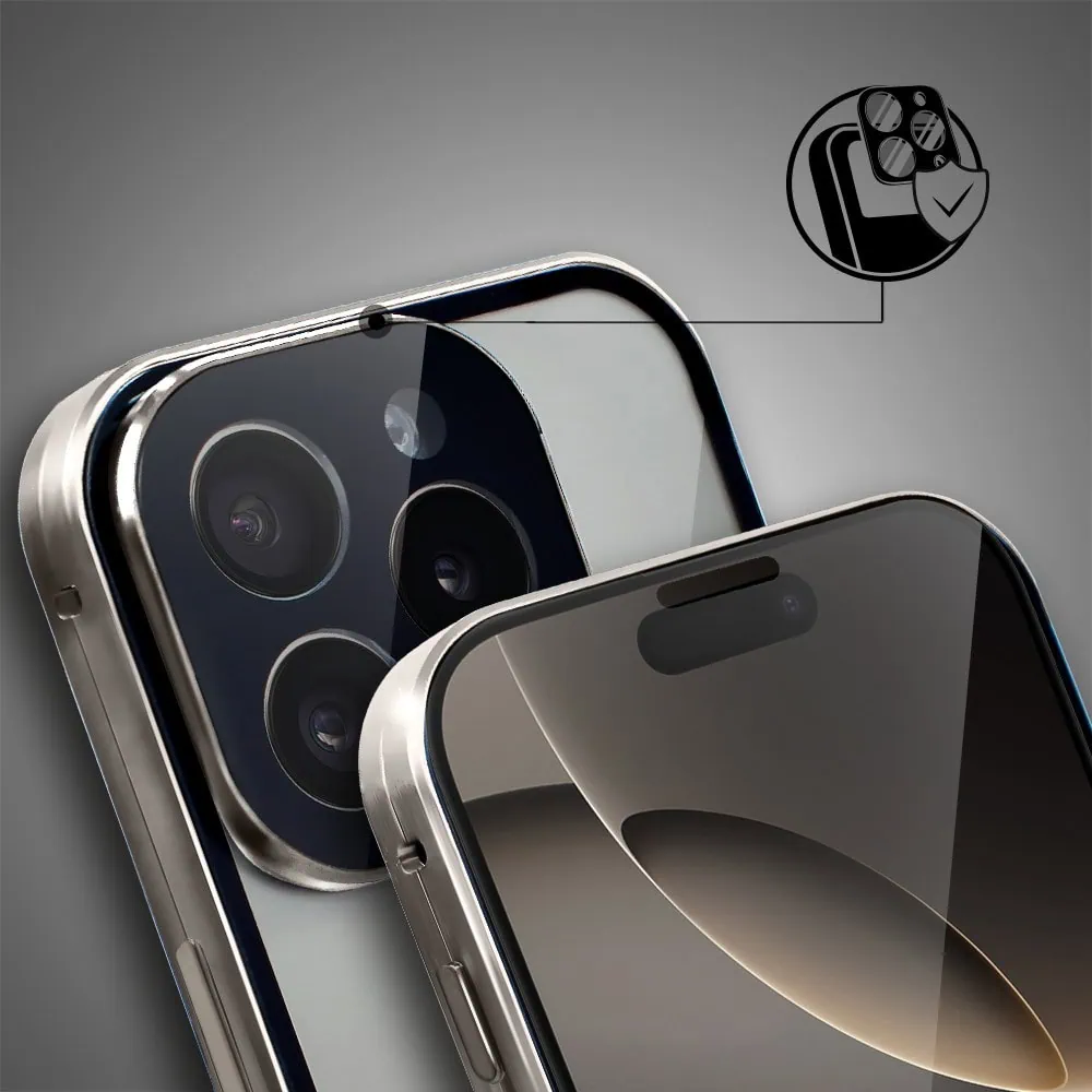 Obudowa do iPhone 16 Pro podwójna szyba i polerowane aluminium 360° magnetyczna, z osłoną aparatu, tytanowa