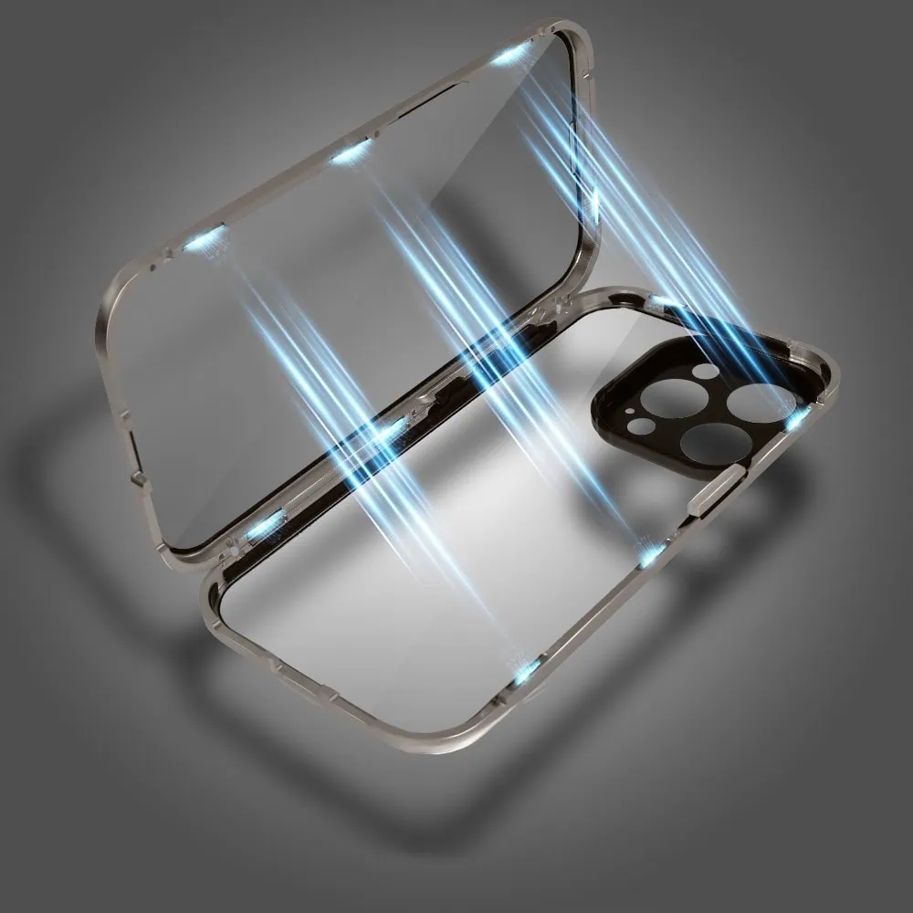 Obudowa do iPhone 16 Pro podwójna szyba i polerowane aluminium 360° magnetyczna, z osłoną aparatu, tytanowa