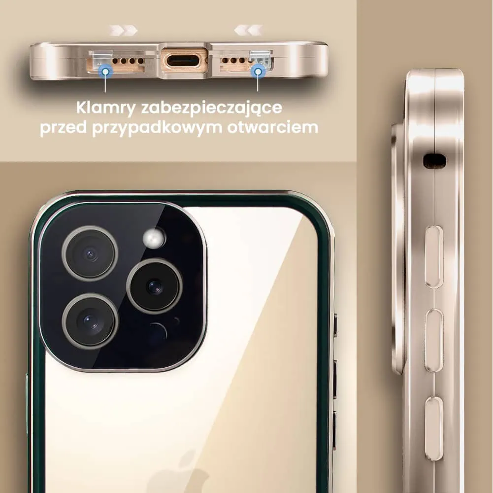 Obudowa do iPhone 16 Pro, podwójna szyba i aluminium 360° przód + tył magnetyczna, z osłoną aparatu i szkłem prywatyzującym, tytan pustynny