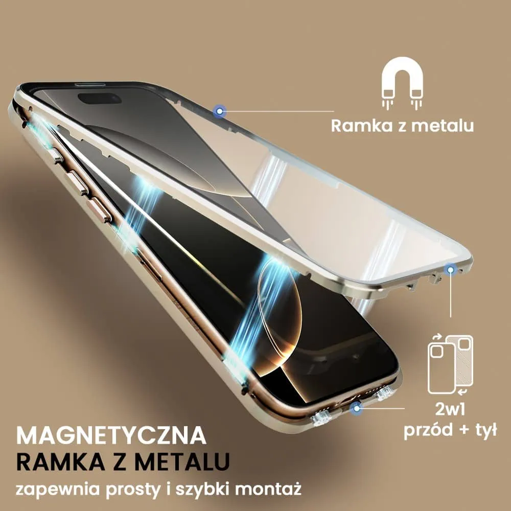 Obudowa do iPhone 16 Pro, podwójna szyba i aluminium 360° przód + tył magnetyczna, z osłoną aparatu i szkłem prywatyzującym, tytan pustynny