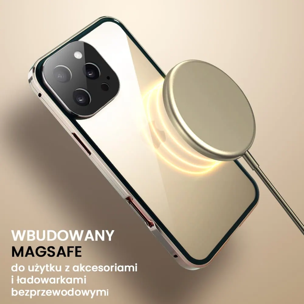 Obudowa do iPhone 16 Pro, podwójna szyba i aluminium 360° przód + tył magnetyczna, z osłoną aparatu i szkłem prywatyzującym, tytan pustynny