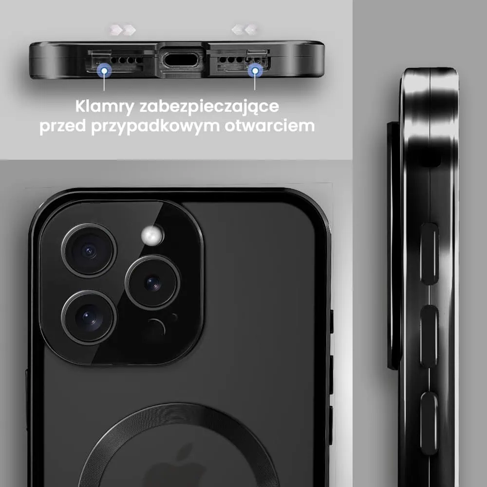 Obudowa do iPhone 16 Pro podwójna szyba i aluminium 360° przód + tył magnetyczna, matowy tył, z MagSafe i osłoną aparatu, czarna