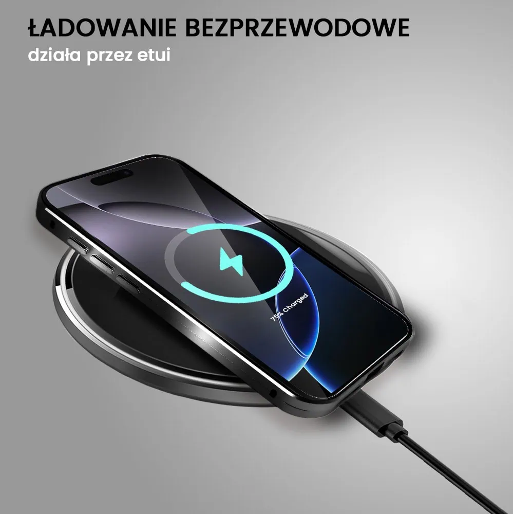 Obudowa do iPhone 16 Pro podwójna szyba i aluminium 360° przód + tył magnetyczna, matowy tył, z MagSafe i osłoną aparatu, czarna