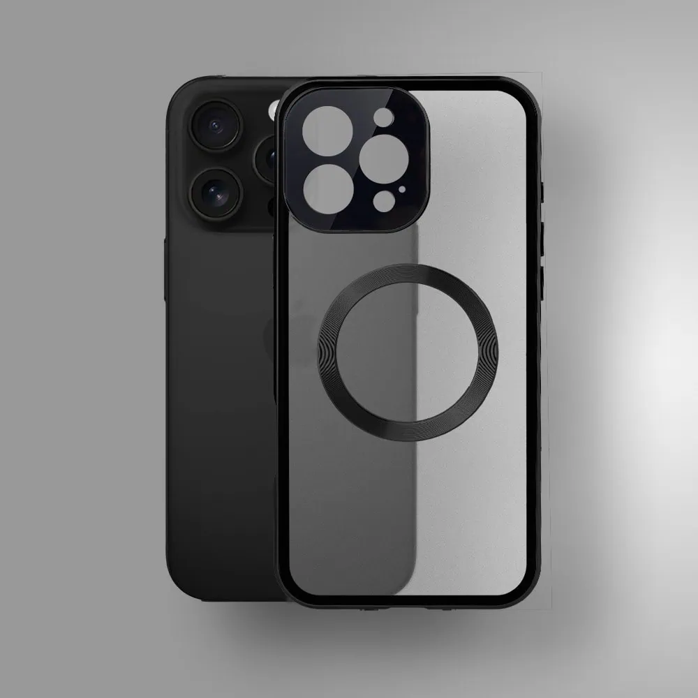 Obudowa do iPhone 16 Pro podwójna szyba i aluminium 360° przód + tył magnetyczna, matowy tył, z MagSafe i osłoną aparatu, czarna