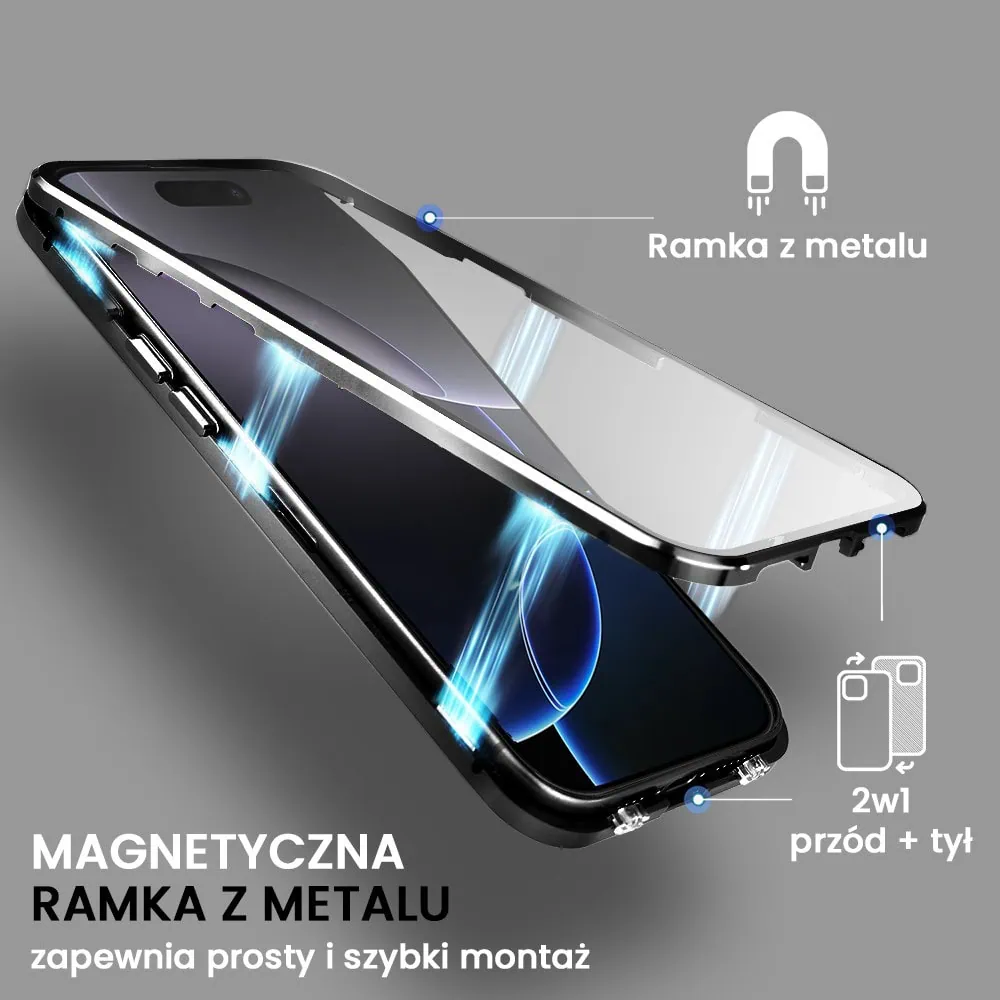 Obudowa do iPhone 16 Pro podwójna szyba i aluminium 360° przód + tył magnetyczna, matowy tył, z MagSafe i osłoną aparatu, czarna