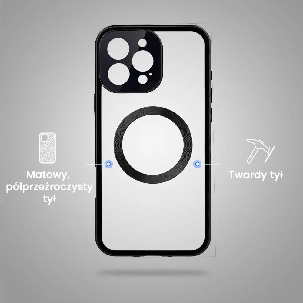 Obudowa do iPhone 16 Pro podwójna szyba i aluminium 360° przód + tył magnetyczna, matowy tył, z MagSafe i osłoną aparatu, czarna