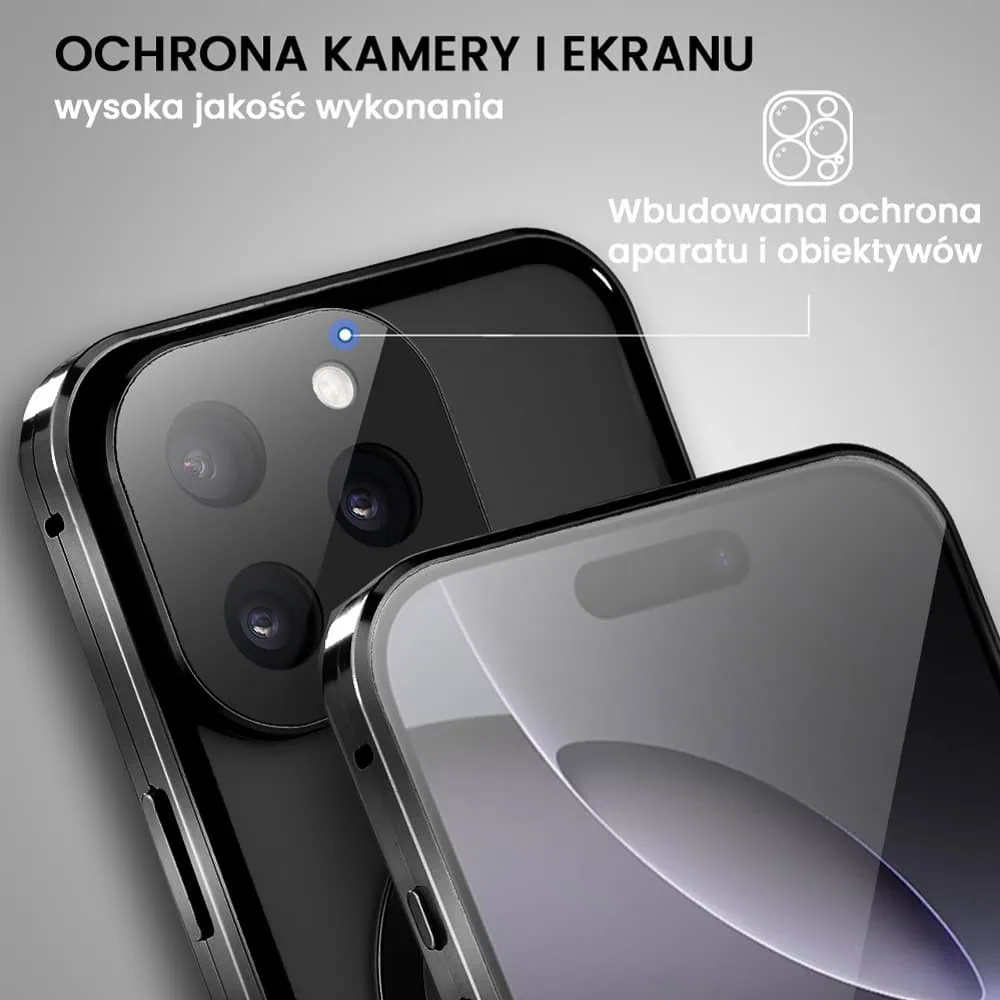 Obudowa do iPhone 16 Pro podwójna szyba i aluminium 360° przód + tył magnetyczna, matowy tył, z MagSafe i osłoną aparatu, czarna