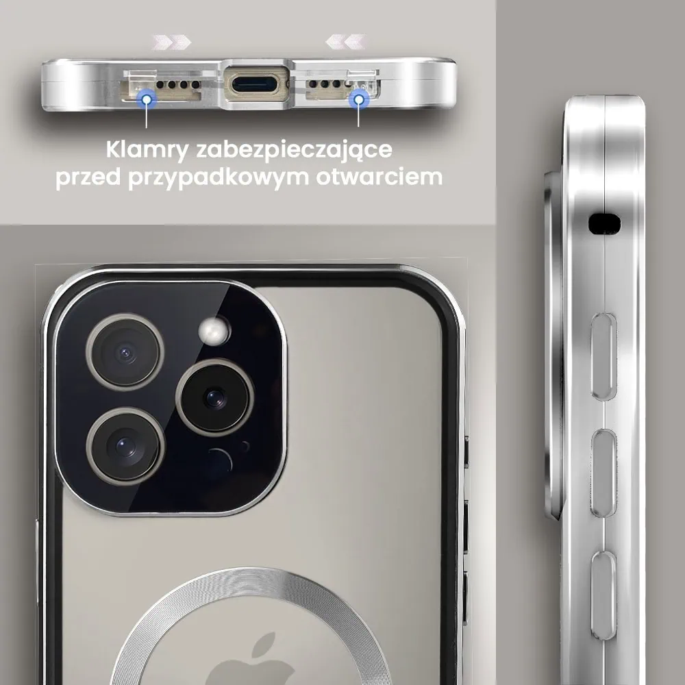 Obudowa do iPhone 16 Pro podwójna szyba i aluminium 360° przód + tył magnetyczna, matowy tył, z MagSafe i osłoną aparatu, tytanowa
