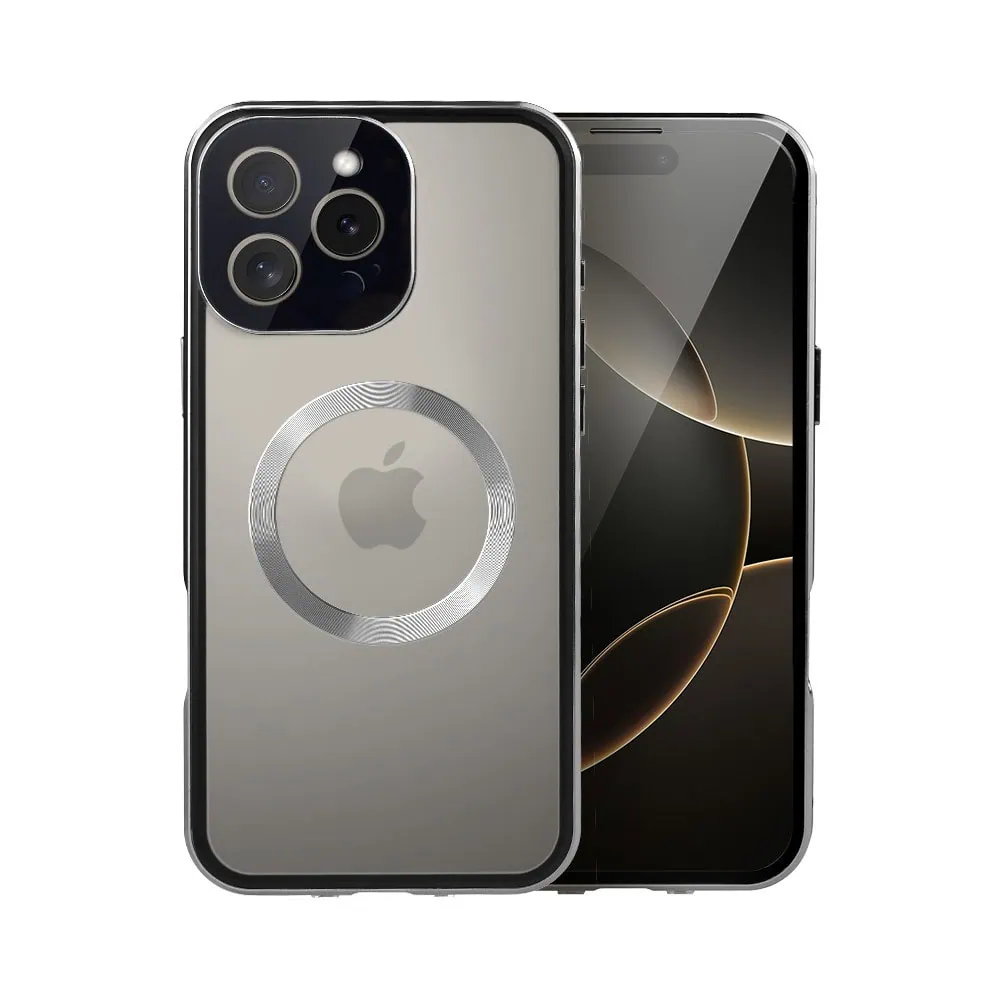 Obudowa do iPhone 16 Pro podwójna szyba i aluminium 360° przód + tył magnetyczna, matowy tył, z MagSafe i osłoną aparatu, tytanowa