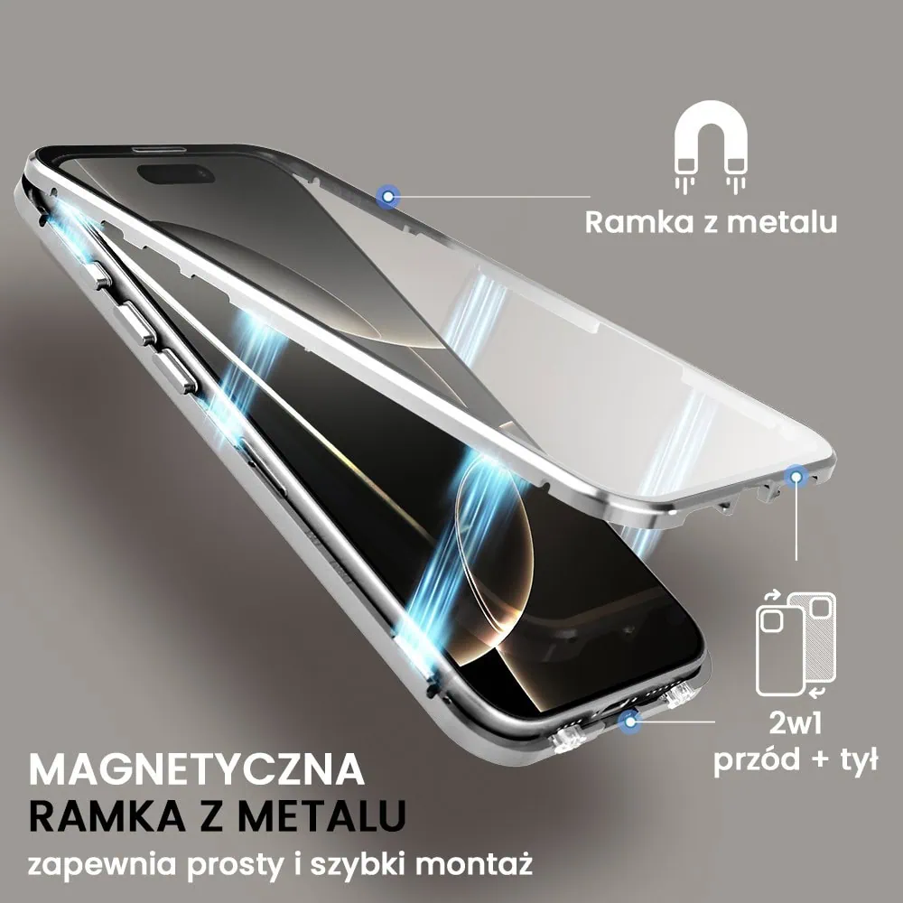 Obudowa do iPhone 16 Pro podwójna szyba i aluminium 360° przód + tył magnetyczna, matowy tył, z MagSafe i osłoną aparatu, tytanowa