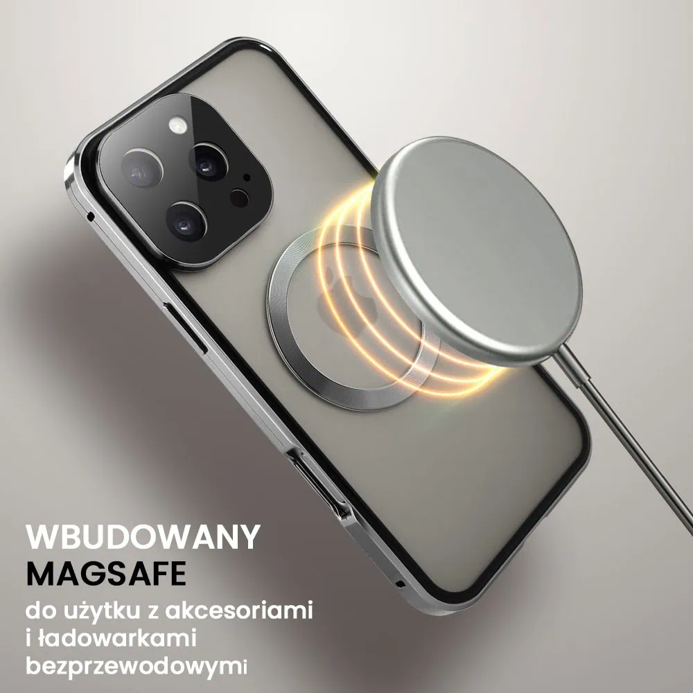 Obudowa do iPhone 16 Pro podwójna szyba i aluminium 360° przód + tył magnetyczna, matowy tył, z MagSafe i osłoną aparatu, tytanowa