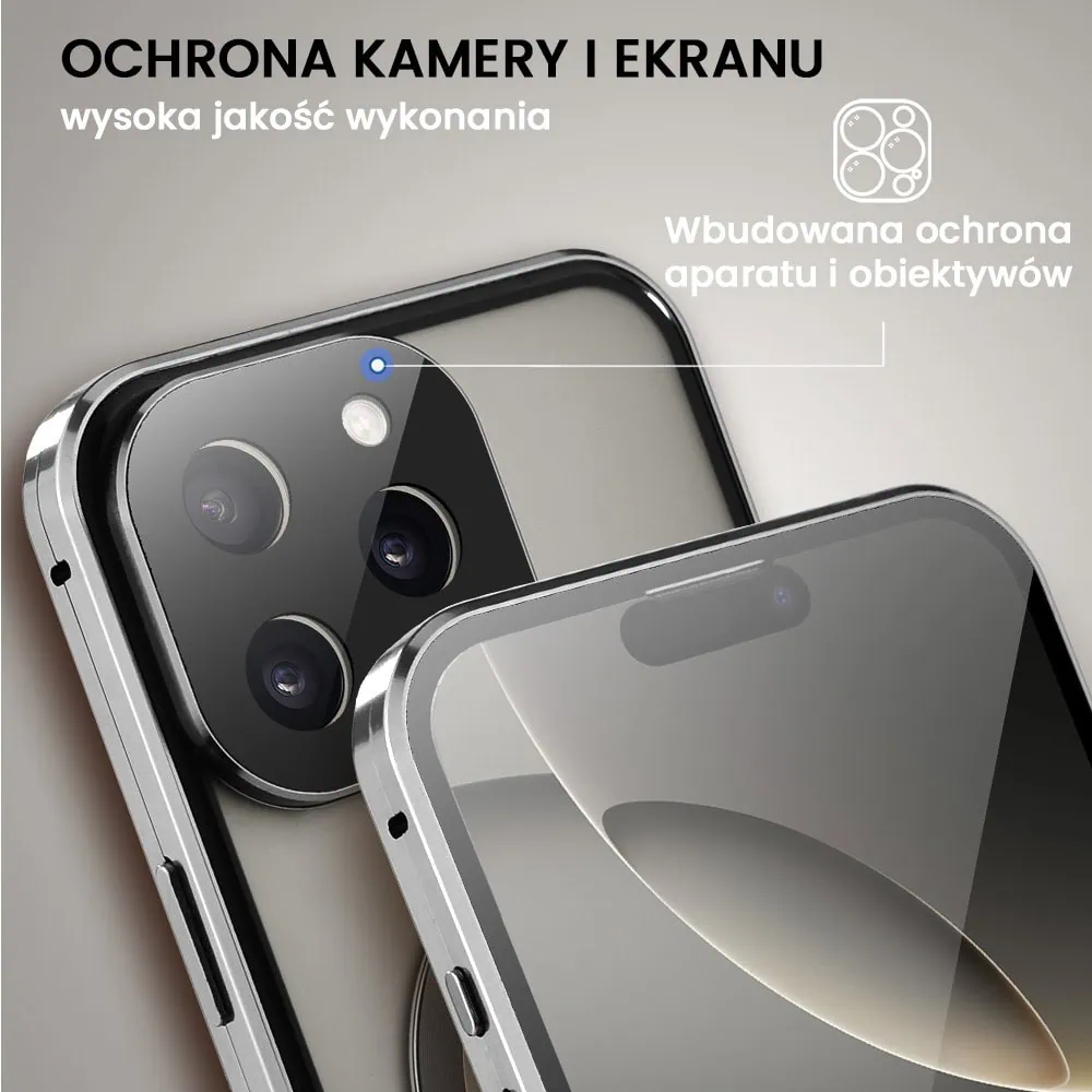 Obudowa do iPhone 16 Pro podwójna szyba i aluminium 360° przód + tył magnetyczna, matowy tył, z MagSafe i osłoną aparatu, tytanowa
