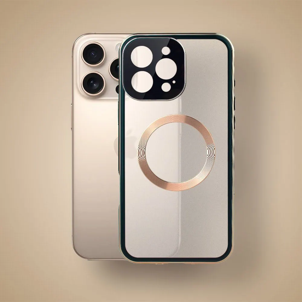 Obudowa do iPhone 16 Pro podwójna szyba i aluminium 360° przód + tył magnetyczna, matowy tył, z MagSafe i osłoną aparatu, tytan pustynny