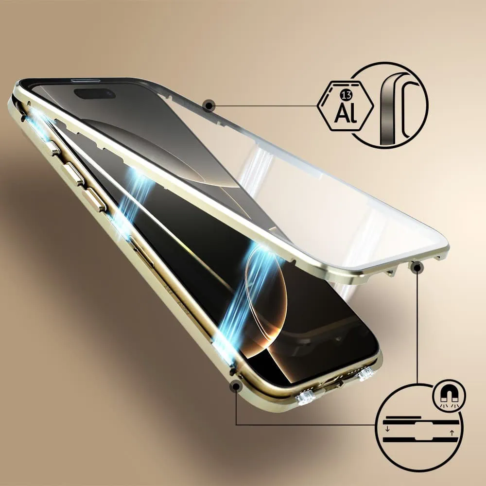 Obudowa do iPhone 16 Pro podwójna szyba i aluminium 360° przód + tył magnetyczna, matowy tył, z MagSafe i osłoną aparatu, tytan pustynny