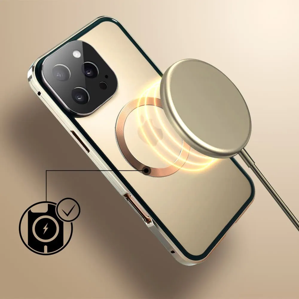 Obudowa do iPhone 16 Pro podwójna szyba i aluminium 360° przód + tył magnetyczna, matowy tył, z MagSafe i osłoną aparatu, tytan pustynny