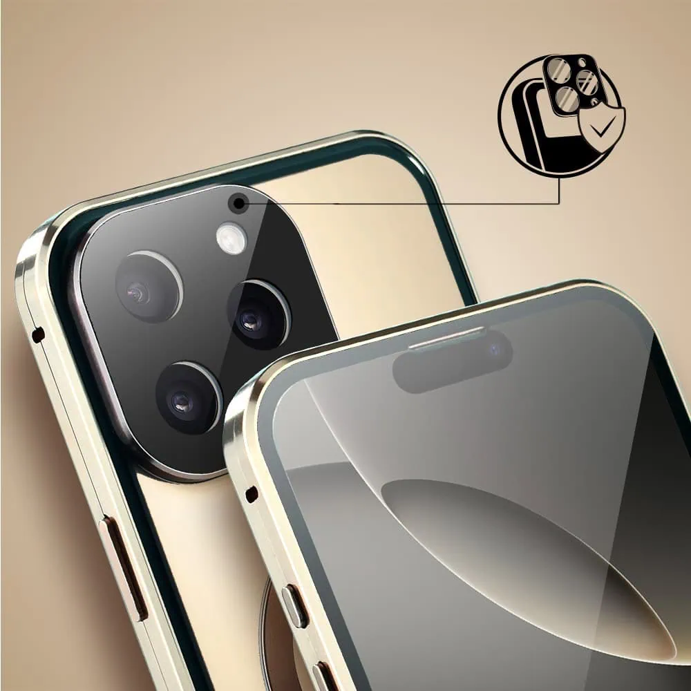 Obudowa do iPhone 16 Pro podwójna szyba i aluminium 360° przód + tył magnetyczna, matowy tył, z MagSafe i osłoną aparatu, tytan pustynny