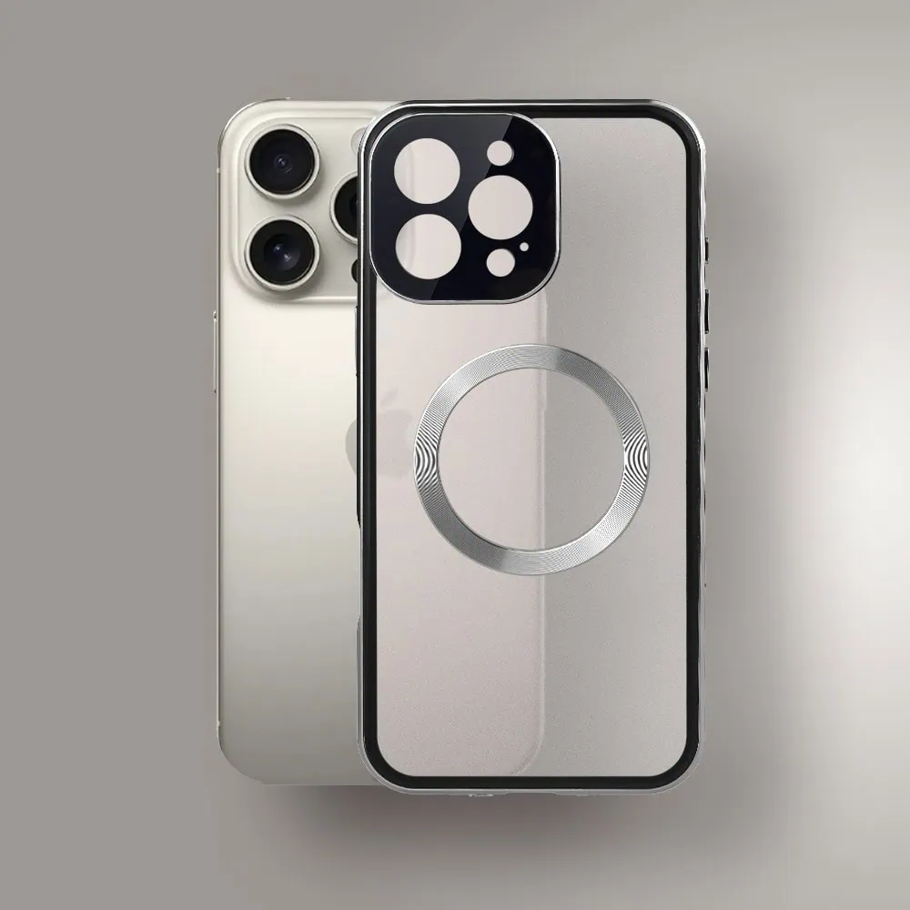 Obudowa do iPhone 16 Pro podwójna szyba i aluminium 360° przód + tył magnetyczna, matowy tył, z MagSafe i osłoną aparatu, tytanowa