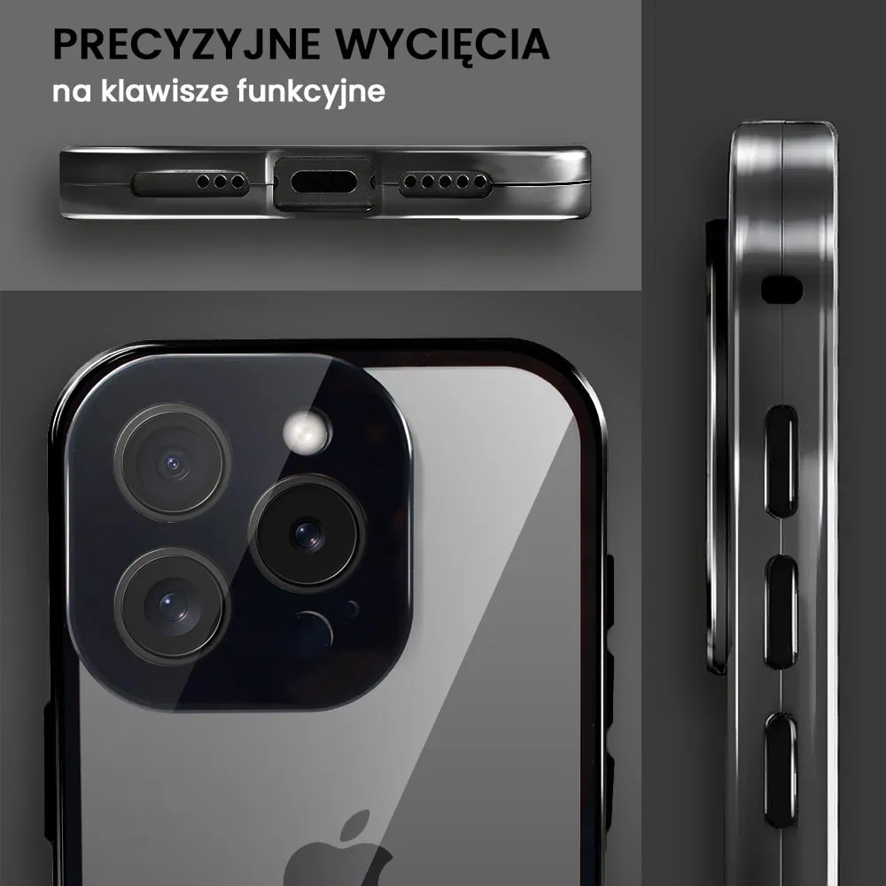 Obudowa do iPhone 16 Pro podwójna szyba i polerowane aluminium 360° magnetyczna, z osłoną aparatu, czarna