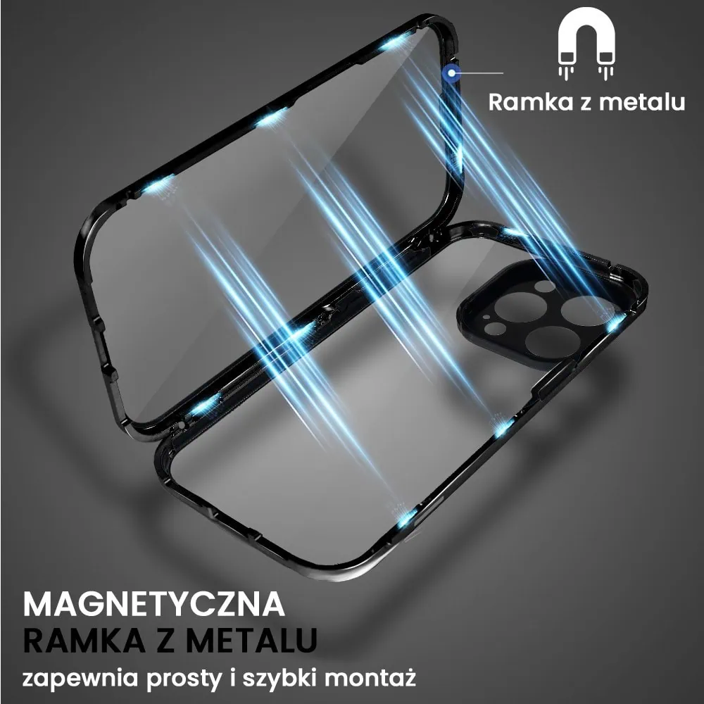 Obudowa do iPhone 16 Pro podwójna szyba i polerowane aluminium 360° magnetyczna, z osłoną aparatu, czarna